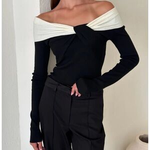 NORA label off shoulder knit top cream and white NWT